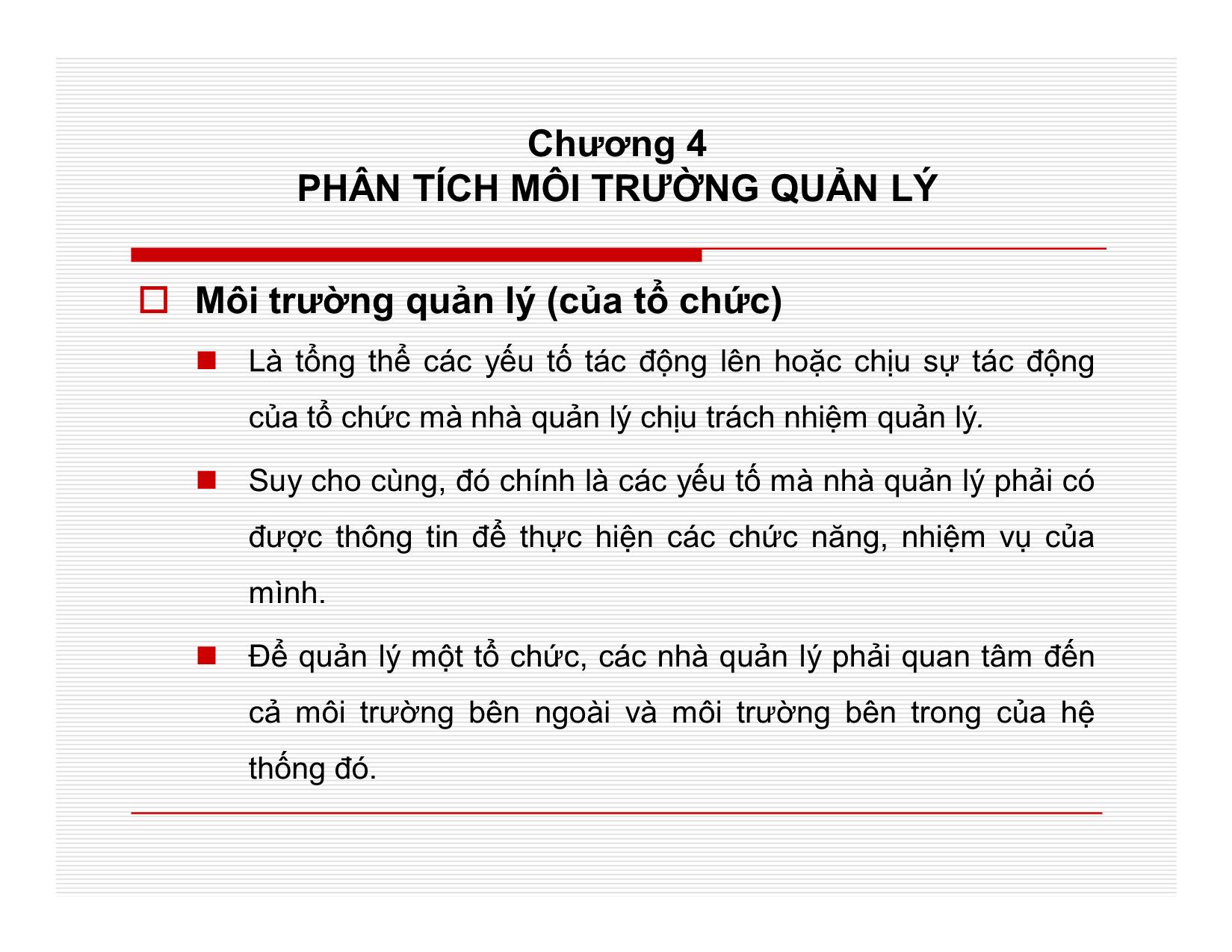 Bài giảng Quản lý học - Chương 4: Phân tích môi trường quản lý - Nguyễn Quang Huy trang 1