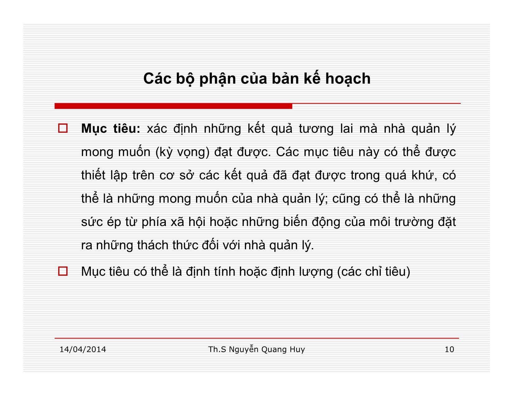 Bài giảng Quản lý học - Chương 5: Chức năng lập kế hoạch - Nguyễn Quang Huy trang 10