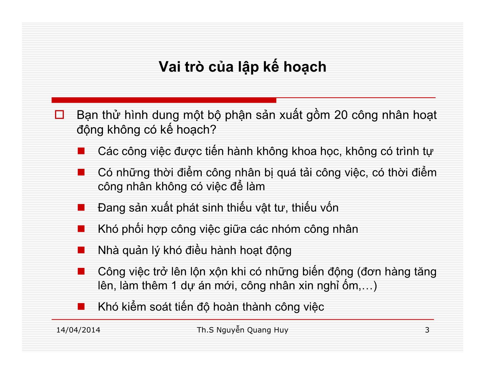 Bài giảng Quản lý học - Chương 5: Chức năng lập kế hoạch - Nguyễn Quang Huy trang 3