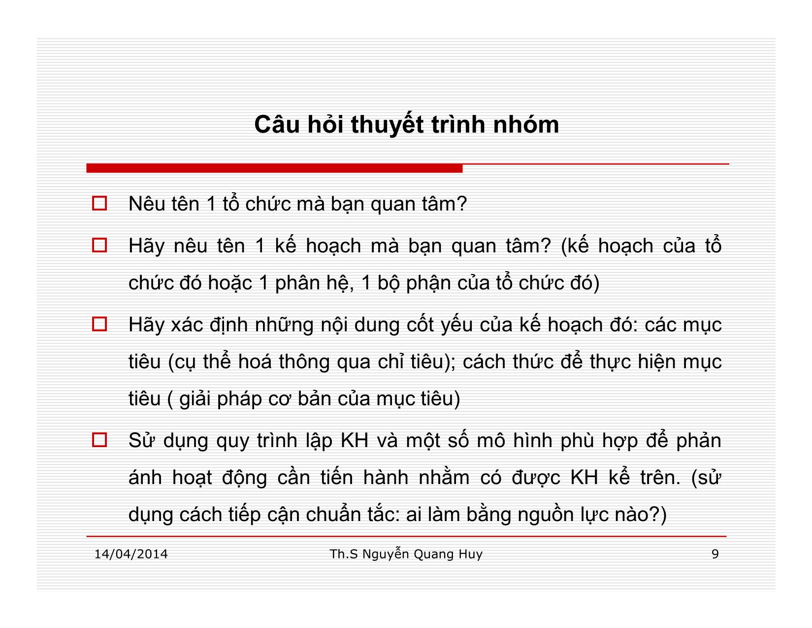 Bài giảng Quản lý học - Chương 5: Chức năng lập kế hoạch - Nguyễn Quang Huy trang 9