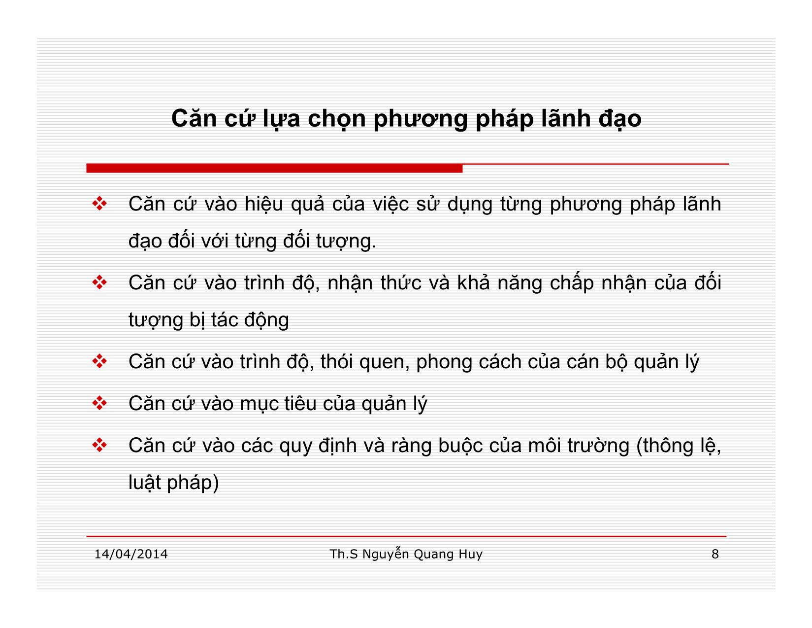 Bài giảng Quản lý học - Chương 8: Chức năng lãnh đạo trong quản lý - Nguyễn Quang Huy trang 8