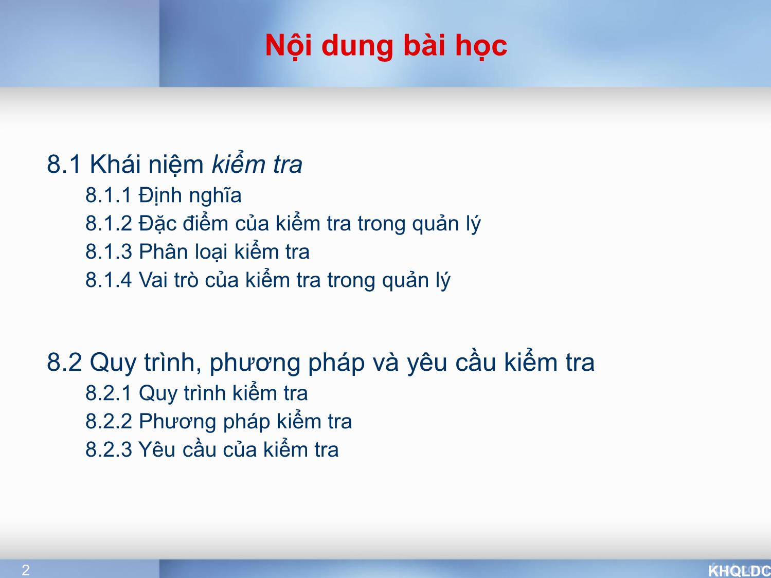 Bài giảng Quản lý đại cương - Chương 8: Chức năng kiểm tra - Tạ Thị Bích Ngọc trang 2