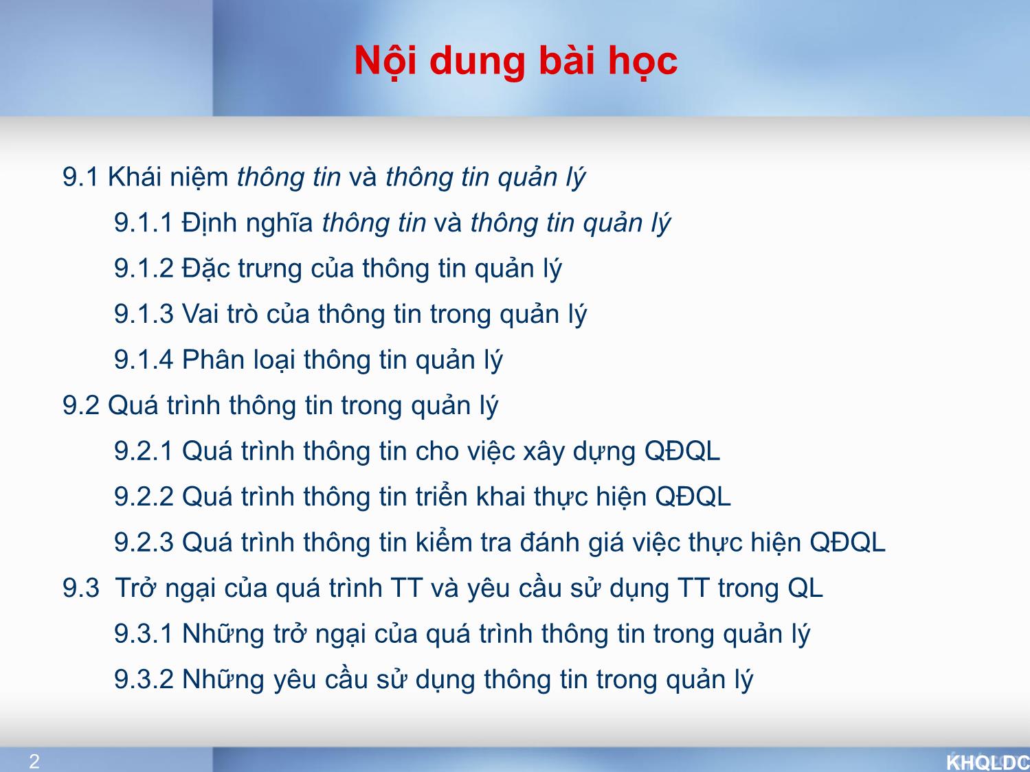 Bài giảng Quản lý đại cương - Chương 9: Thông tin trong quản lý - Tạ Thị Bích Ngọc trang 2