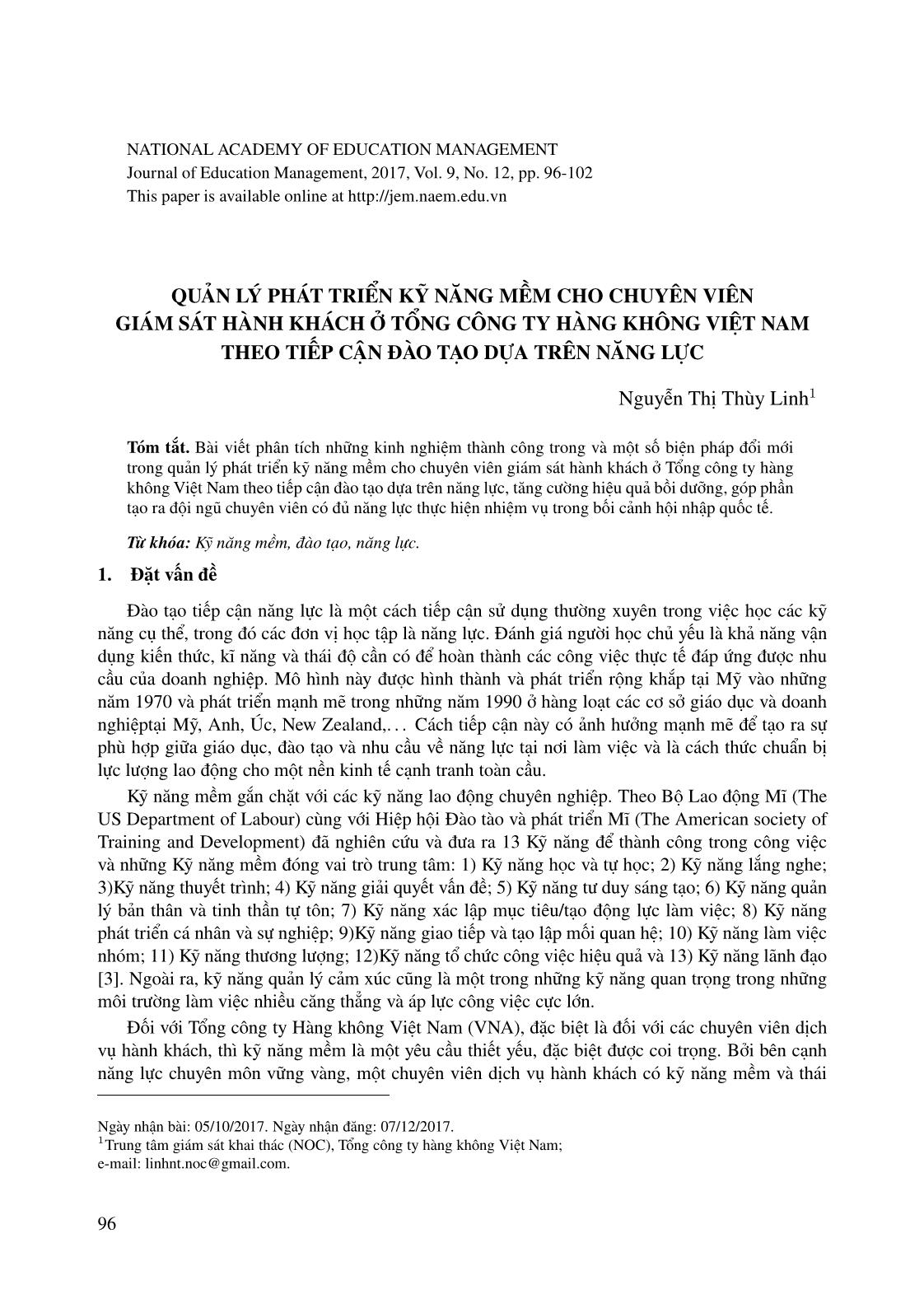 Quản lý phát triển kỹ năng mềm cho chuyên viên giám sát hành khách ở tổng công ty hàng không Việt Nam theo tiếp cận đào tạo dựa trên năng lực trang 1