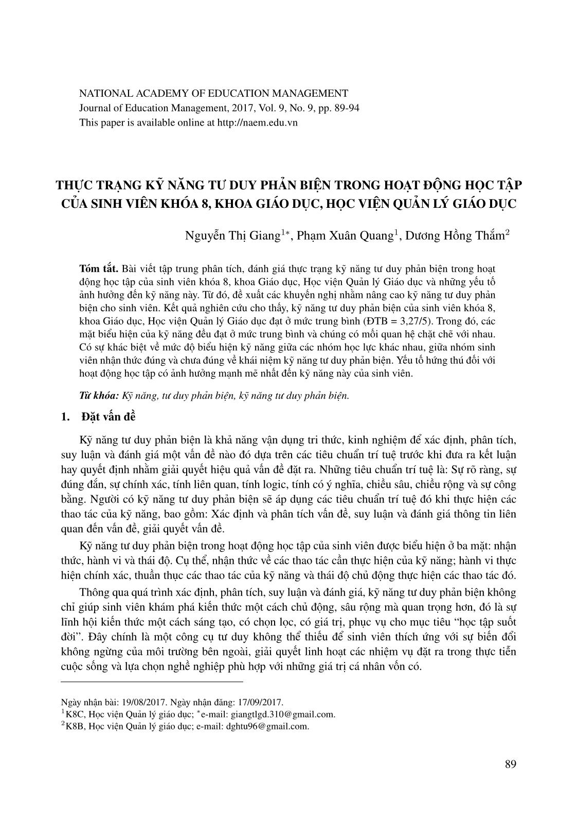 Thực trạng kỹ năng tư duy phản biện trong hoạt động học tập của sinh viên khóa 8, khoa giáo dục, học viện quản lý giáo dục trang 1