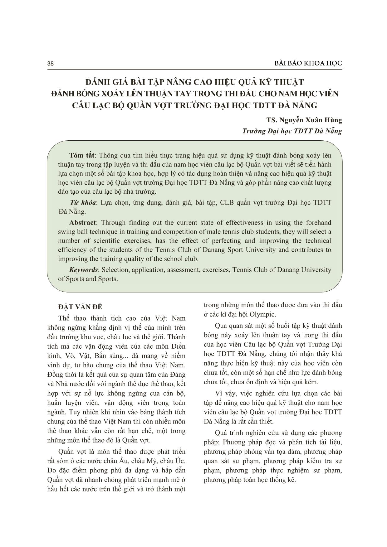 Đánh giá bài tập nâng cao hiệu quả kỹ thuật đánh bóng xoáy lên thuận tay trong thi đấu cho nam học viên câu lạc bộ quần vợt trường Đại học thể dục thể thao Đà Nẵng trang 1