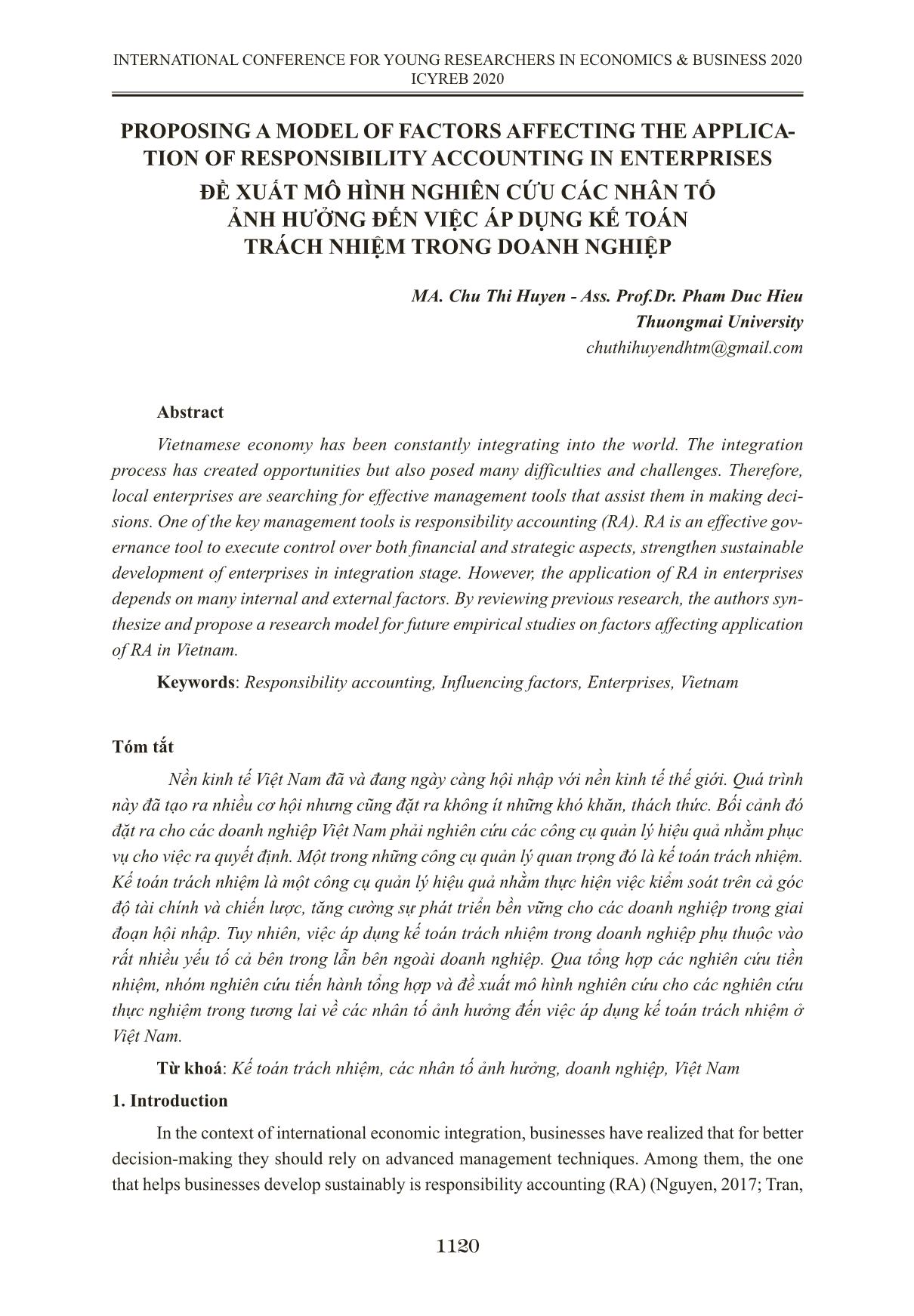 Đề xuất mô hình nghiên cứu các nhân tố ảnh hưởng đến việc áp dụng kế toán trách nhiệm trong doanh nghiệp trang 1