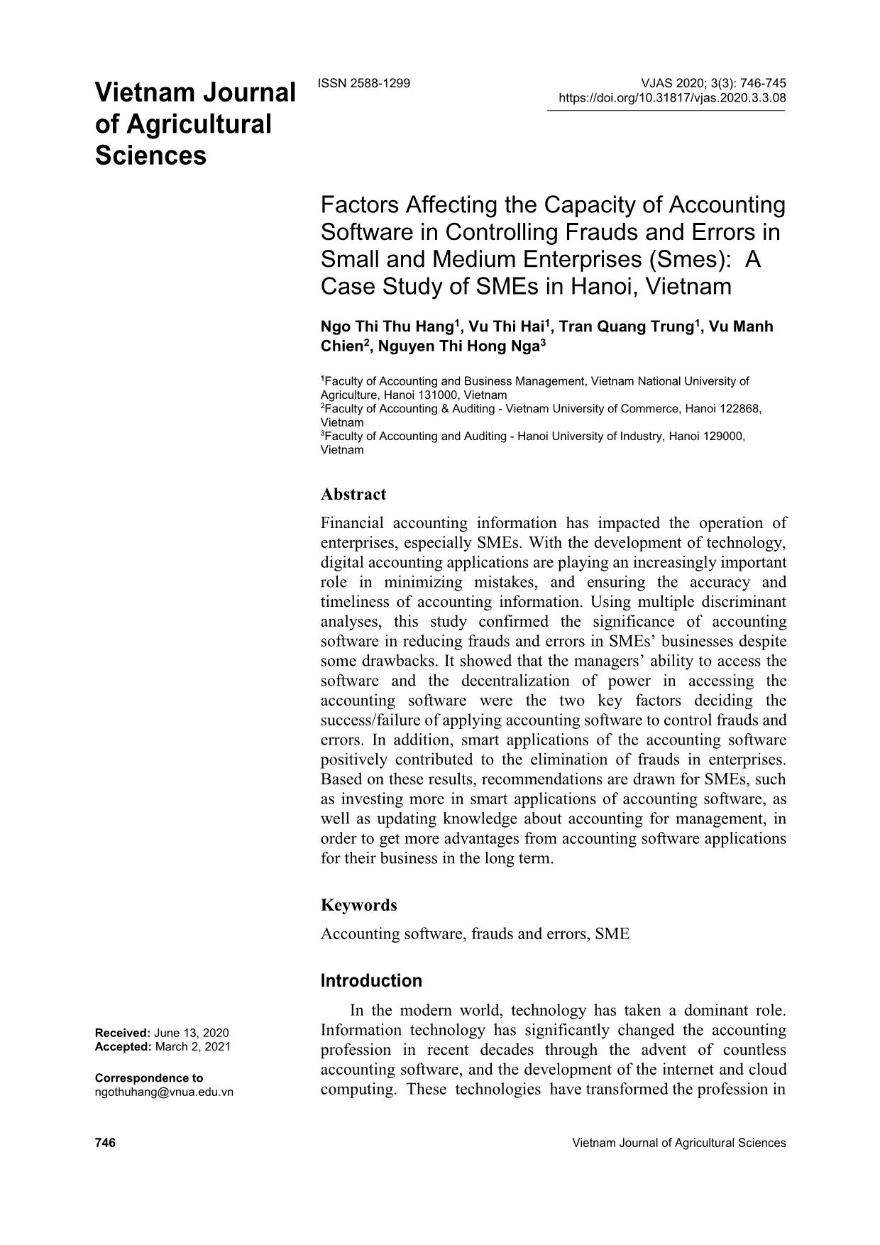 Factors affecting the capacity of accounting software in controlling frauds and errors in small and medium enterprises (smes): A case study of smes in Ha Noi, Viet Nam trang 1