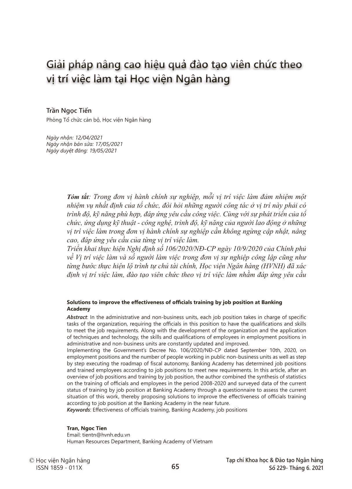 Giải pháp nâng cao hiệu quả đào tạo viên chức theo vị trí việc làm tại Học viện Ngân hàng trang 1
