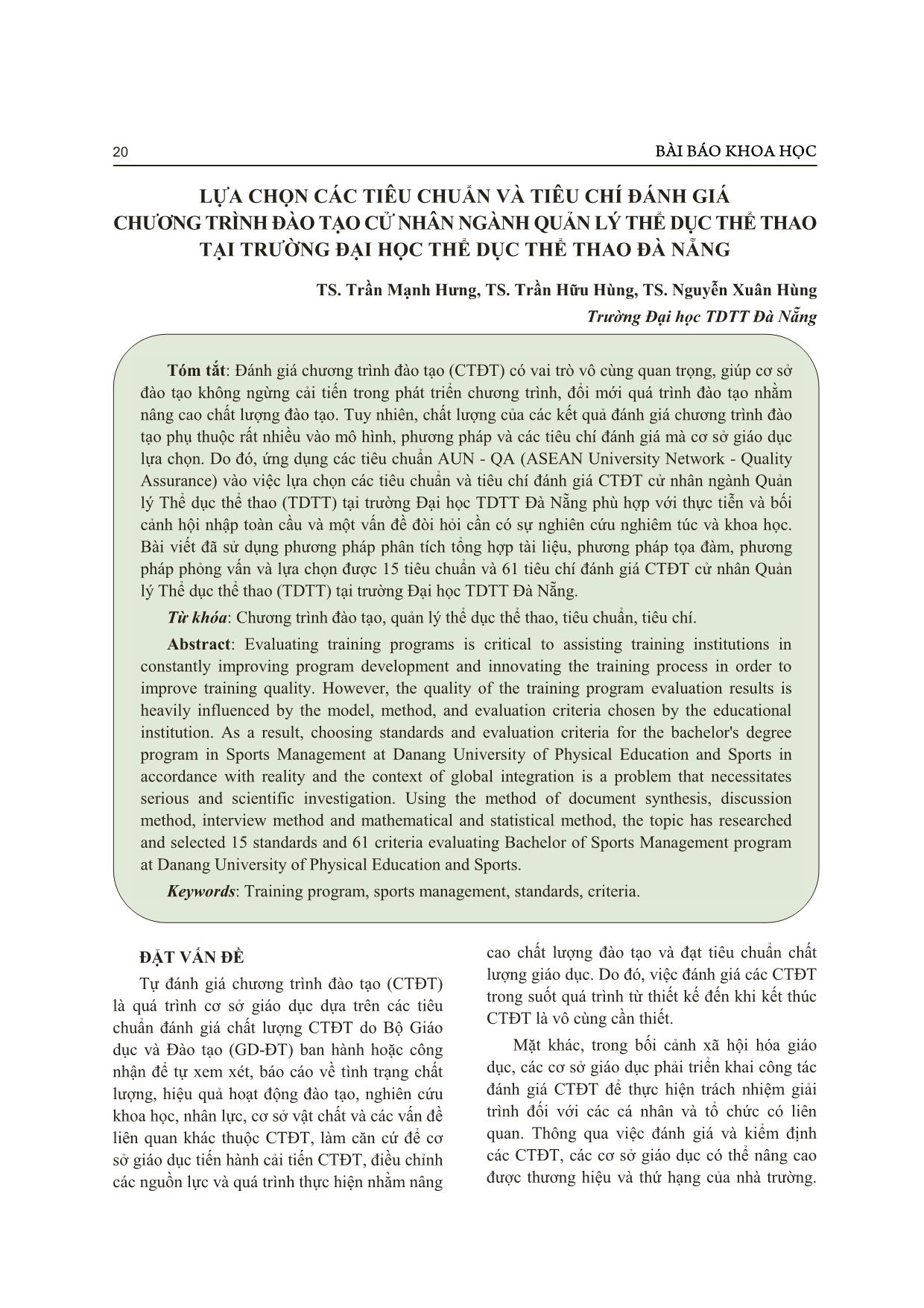 Lựa chọn các tiêu chuẩn và tiêu chí đánh giá chương trình đào tạo cử nhân ngành quản lý thể dục thể thao tại trường Đại học Thể dục thể thao Đà Nẵng trang 1