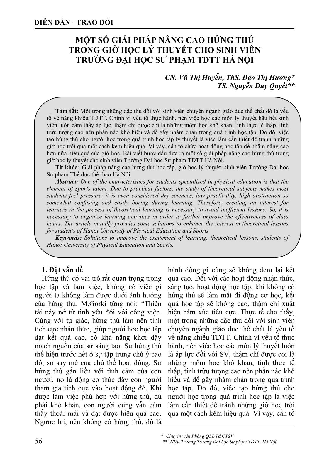 Một số giải pháp nâng cao hứng thú trong giờ học lý thuyết cho sinh viên trường Đại học Sư phạm thể dục thể thao Hà Nội trang 1