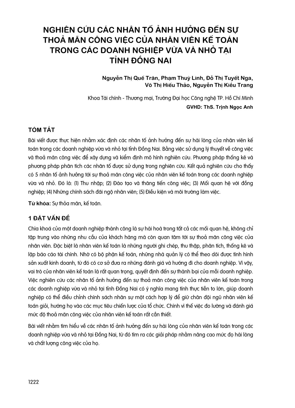 Nghiên cứu các nhân tố ảnh hưởng đến sự thoả mãn công việc của nhân viên kế toán trong các doanh nghiệp vừa và nhỏ tại tỉnh Đồng Nai trang 1