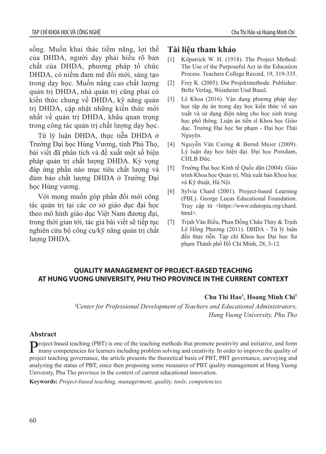 Quản trị chất lượng dạy học dự án ở trường Đại học Hùng Vương, tỉnh Phú Thọ trong bối cảnh hiện nay trang 8