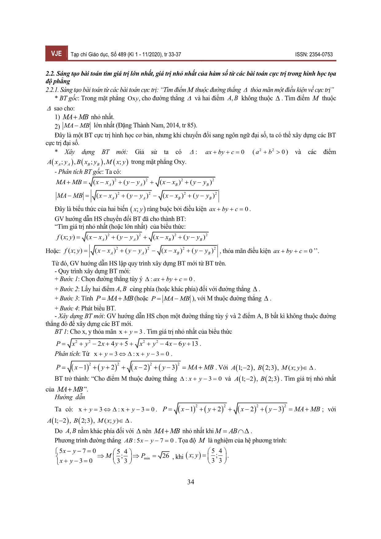 Sáng tạo bài toán tìm giá trị lớn nhất, nhỏ nhất của hàm số từ những bài toán cực trị trong hình học tọa độ phẳng cho học sinh Trung học Phổ thông trang 2