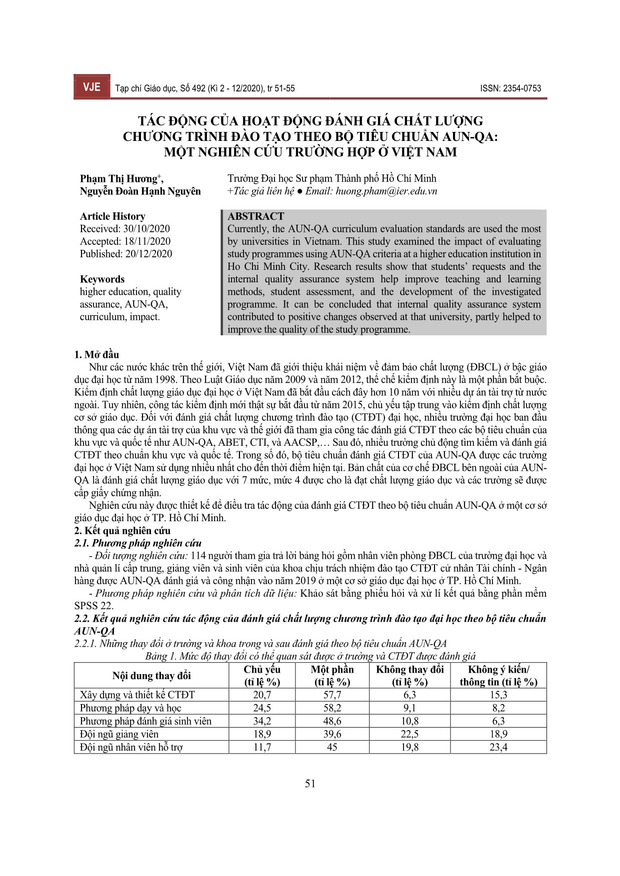 Tác động của hoạt động đánh giá chất lượng chương trình đào tạo theo bộ tiêu chuẩn Aun-Qa: Một nghiên cứu trường hợp ở Việt Nam trang 1