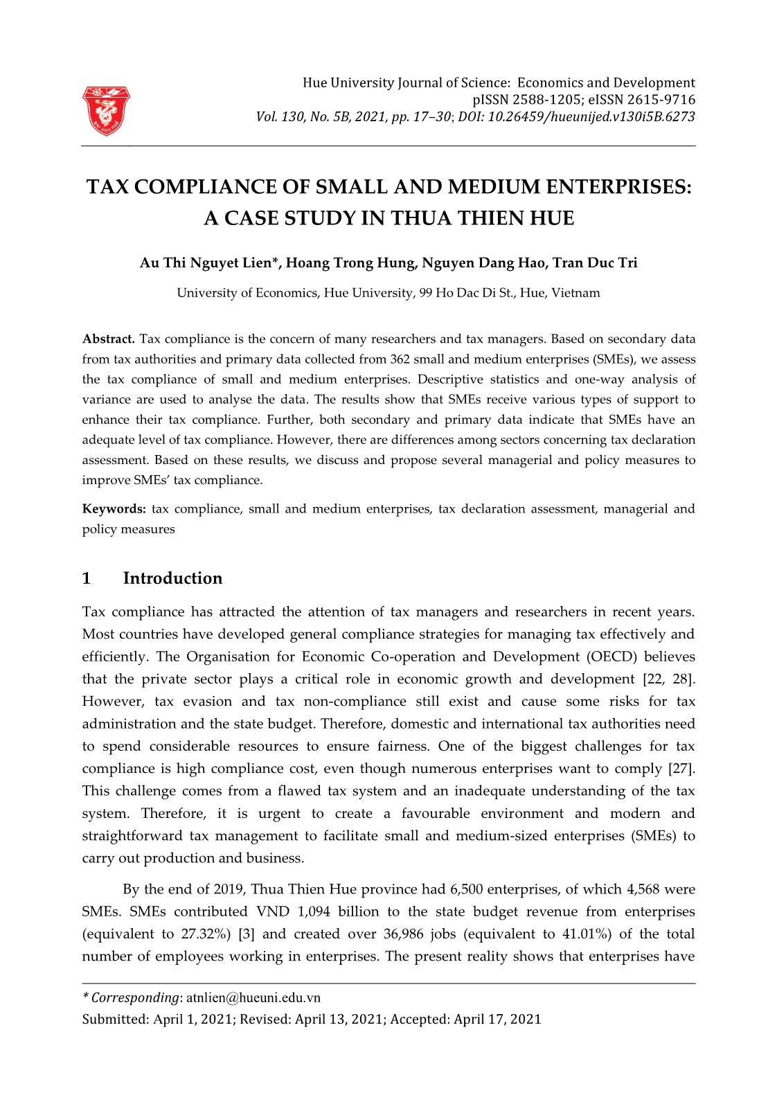 Tax compliance of small and medium enterprises: A case study in Thua Thien Hue trang 1