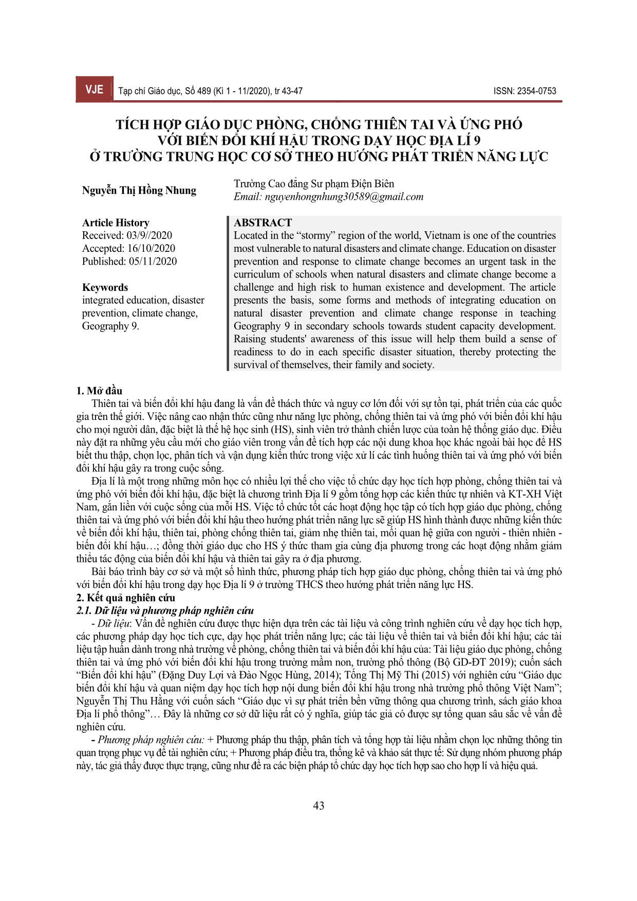 Tích hợp giáo dục phòng, chống thiên tai và ứng phó với biến đổi khí hậu trong dạy học Địa lí 9 ở trường Trung học Cơ sở theo hướng phát triển năng lực trang 1