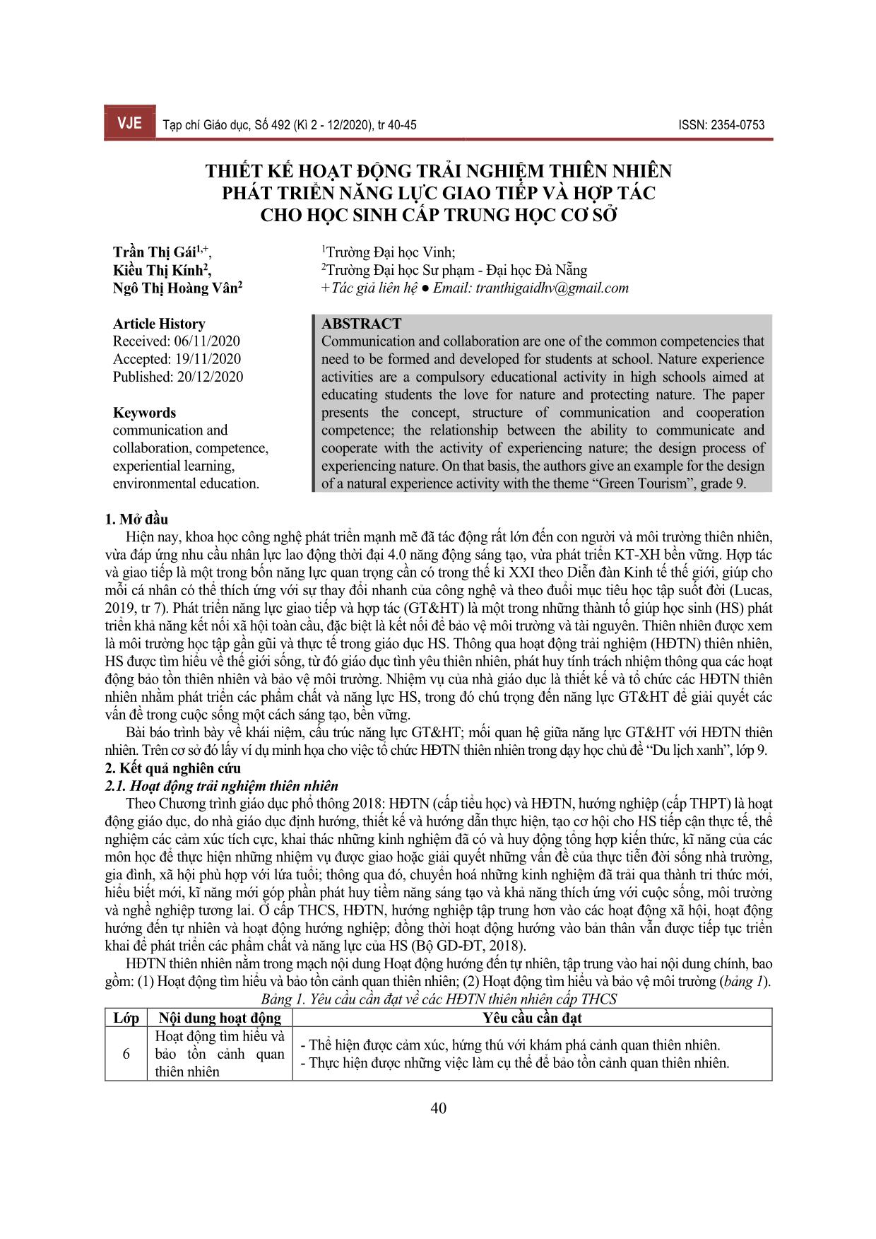 Thiết kế hoạt động trải nghiệm thiên nhiên phát triển năng lực giao tiếp và hợp tác cho học sinh cấp Trung học Cơ sở trang 1