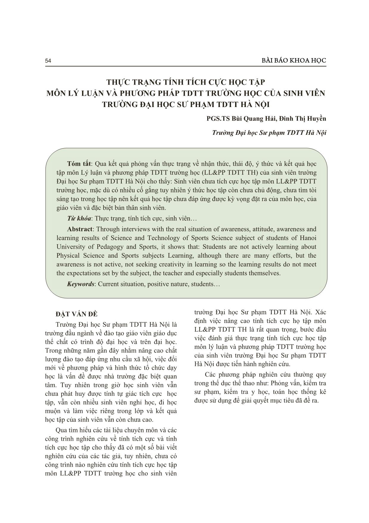 Thực trạng tính tích cực học tập môn lý luận và phương pháp thể dục thể thao trường học của sinh viên trường Đại học Sư phạm thể dục thể thao Hà Nội trang 1