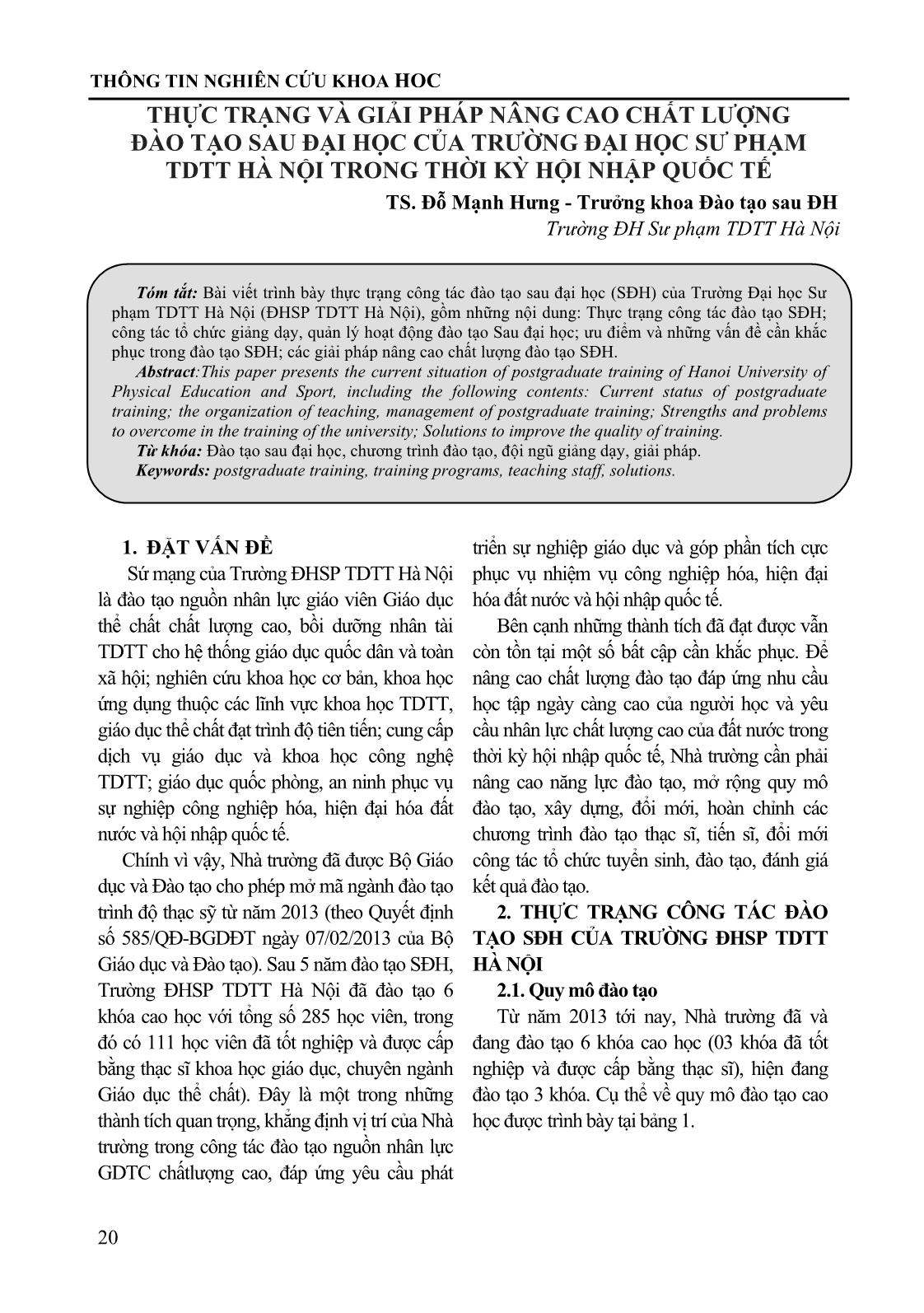 Thực trạng và giải pháp nâng cao chất lượng đào tạo sau Đại học của trường đại học sư phạm thể dục thể thao Hà Nội trong thời kỳ hội nhập quốc tế trang 1