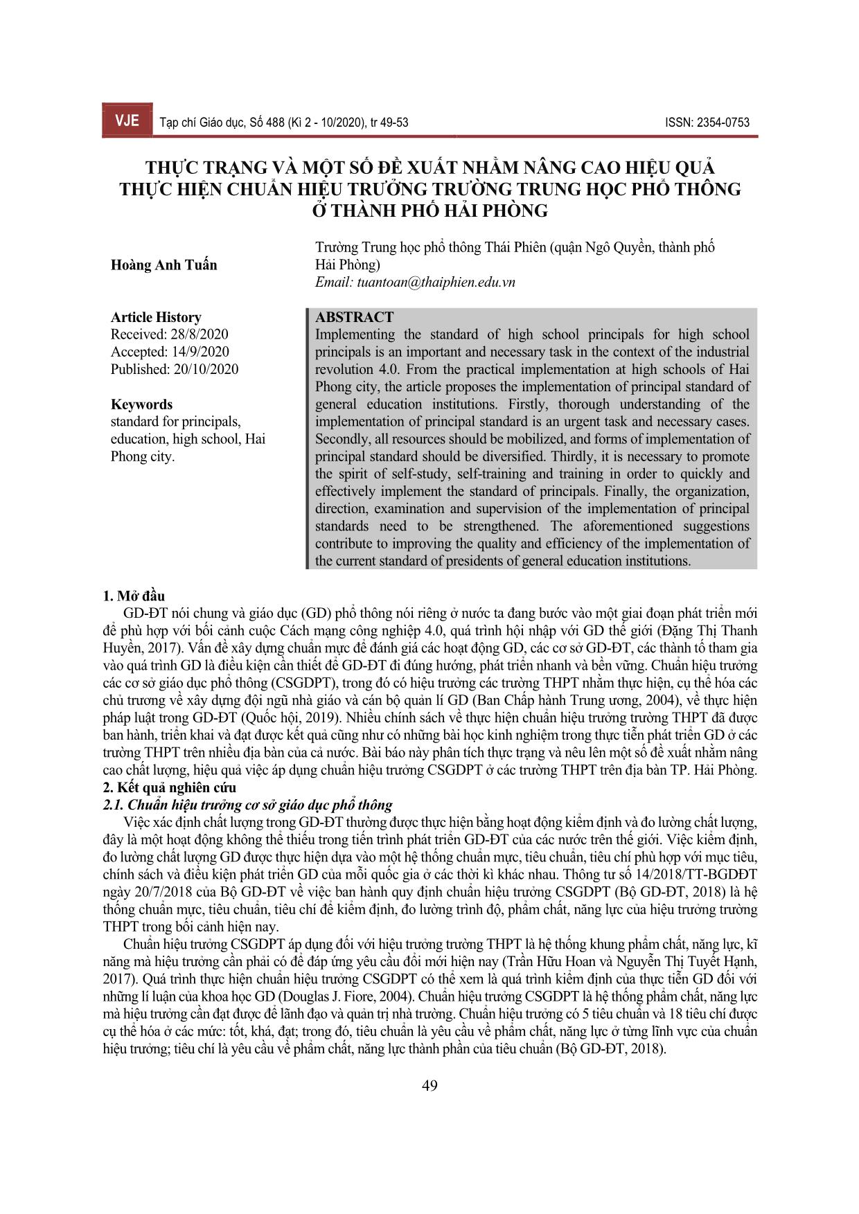 Thực trạng và một số đề xuất nhằm nâng cao hiệu quả thực hiện chuẩn hiệu trưởng trường Trung học Phổ thông ở thành phố Hải Phòng trang 1