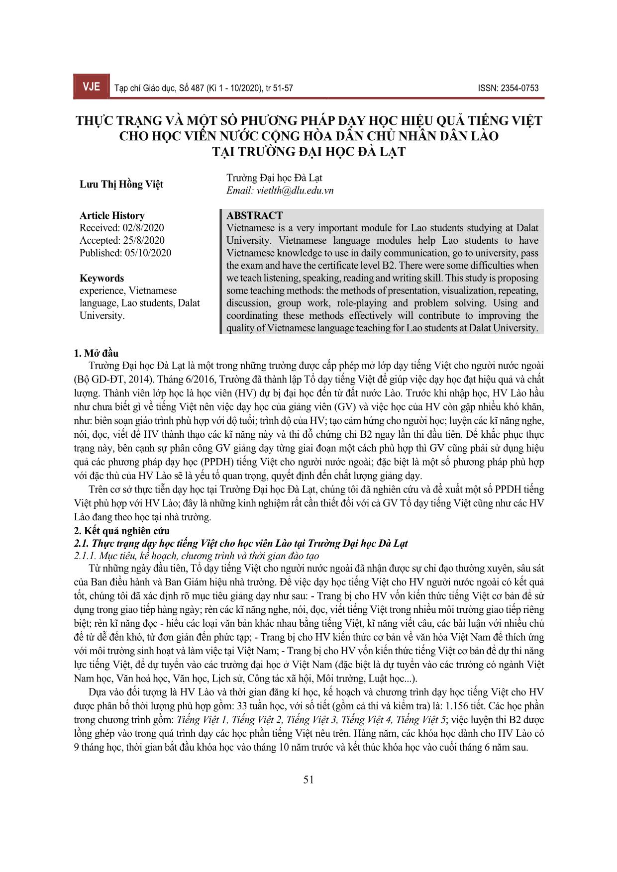 Thực trạng và một số phương pháp dạy học hiệu quả tiếng Việt cho học viên nước Cộng hòa Dân chủ nhân dân Lào tại trường Đại học Đà Lạt trang 1