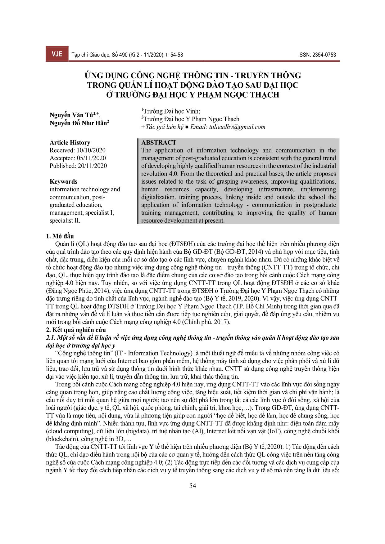 Ứng dụng công nghệ thông tin - truyền thông trong quản lí hoạt động đào tạo sau đại học ở trường Đại học Y phạm Ngọc Thạch trang 1