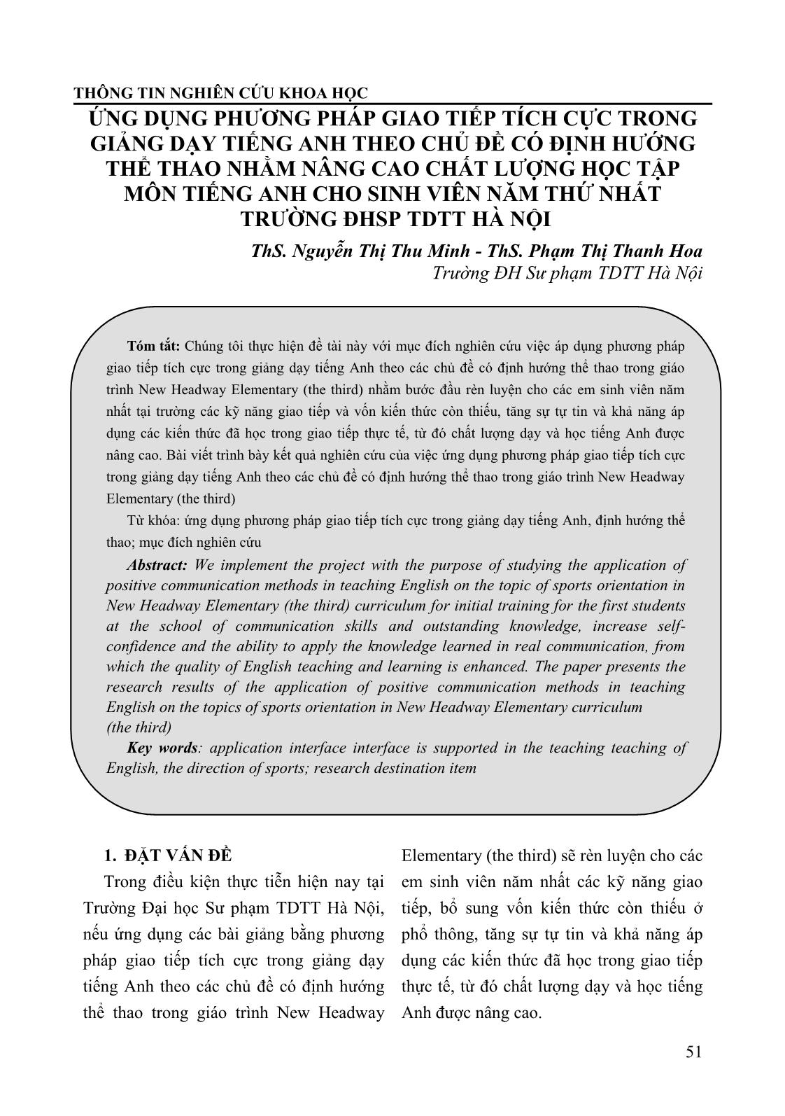 Ứng dụng phương pháp giao tiếp tích cực trong giảng dạy tiếng Anh theo chủ đề có định hướng thể thao nhằm nâng cao chất lượng học tập môn tiếng anh cho sinh viên năm thứ nhất trường Đại học sư phạm thể dục thể thao Hà Nội trang 1