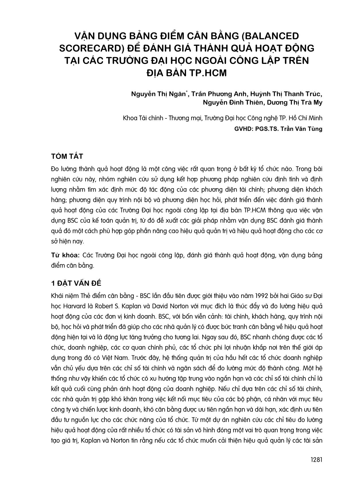 Vận dụng bảng điểm cân bằng (Balanced scorecard) để đánh giá thành quả hoạt động tại các trường Đại học ngoài công lập trên địa bàn thành phố Hồ Chí Minh trang 1
