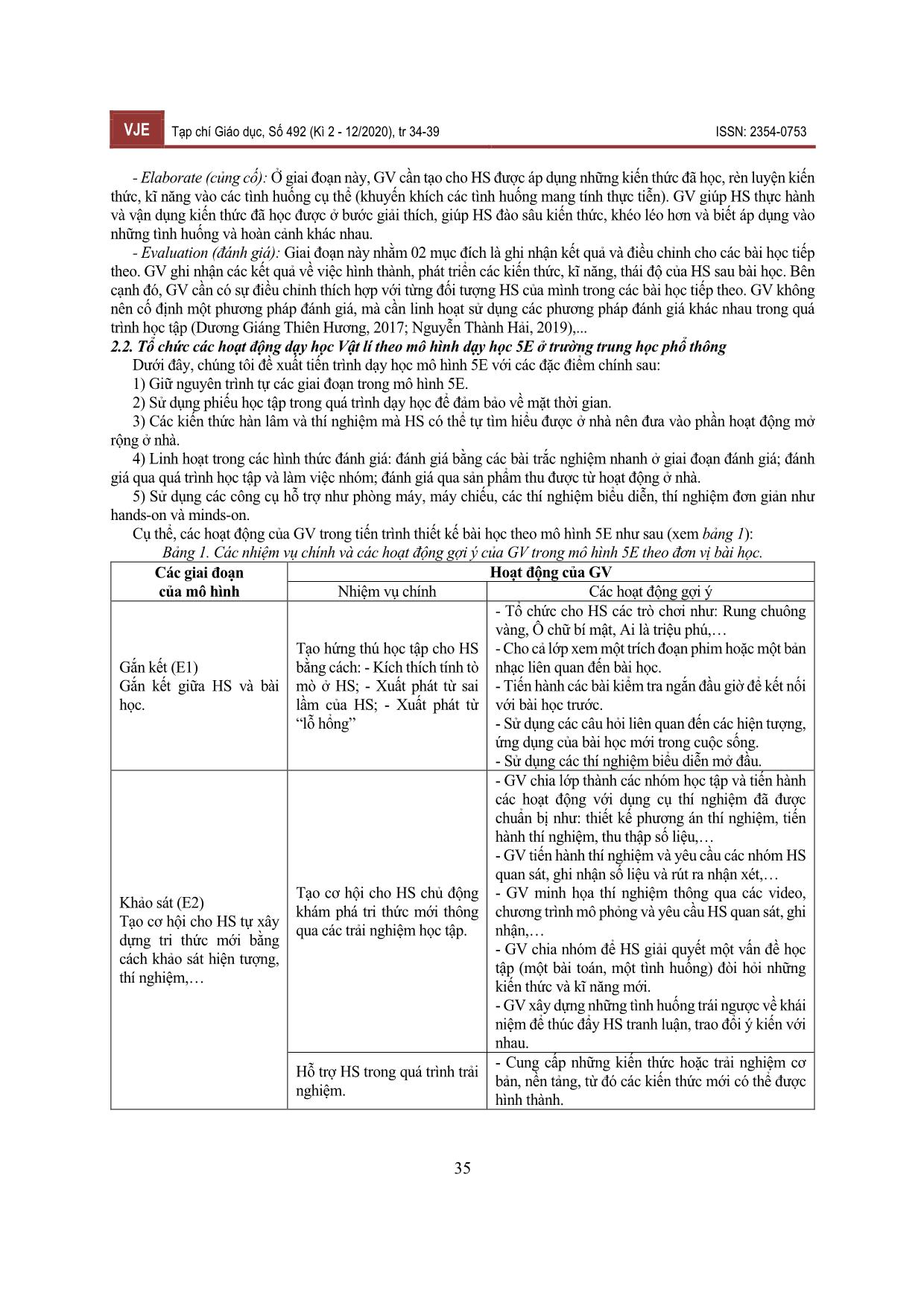 Vận dụng “Mô hình dạy học 5E” trong dạy học chương “chất khí” (Vật lí 10) ở trường Trung học Phổ thông trang 2