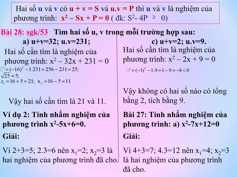 Bài giảng Đại số Lớp 9 - Tiết 48: Hệ thức Vi-et. Luyện tập trang 10