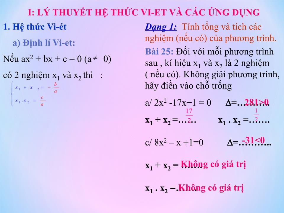 Bài giảng Đại số Lớp 9 - Tiết 48: Hệ thức Vi-et. Luyện tập trang 3