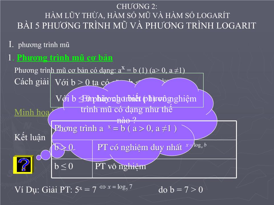 Bài giảng Đại số Lớp 12 - Chương 2: Hàm số lũy thừa, hàm số mũ và hàm số logarit - Bài 5: Phương trình mũ. phương trình logarit (Tiết 1) - Lê Trung Tiến trang 6