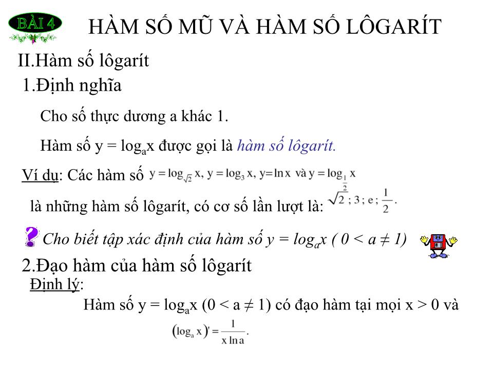 Bài giảng Đại số Lớp 12 - Chương 2: Hàm số lũy thừa, hàm số mũ và hàm số logarit - Tiết 30: Hàm số mũ và hàm số logarit trang 4