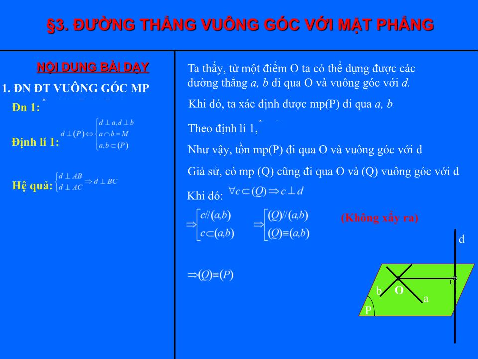 Bài giảng Hình học Lớp 11 - Chương 3 - Bài 3: Đường thẳng vuông góc với mặt phẳng trang 6