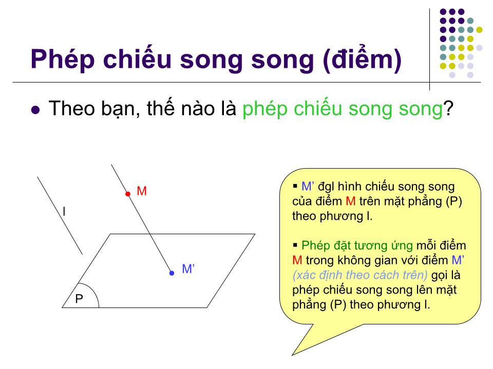 Bài giảng Hình học Lớp 11 - Chương 2: Quan hệ song song - Bài 6: Phép chiếu song song. Hình biểu diễn của một hình không gian trang 4