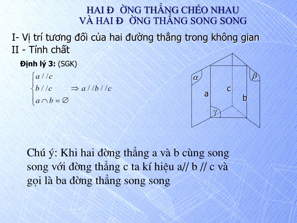 Bài giảng Hình học Lớp 11 - Chương 2: Quan hệ song song - Tiết 17: Hai đường thẳng chéo nhau và hai đường thẳng song song trang 10