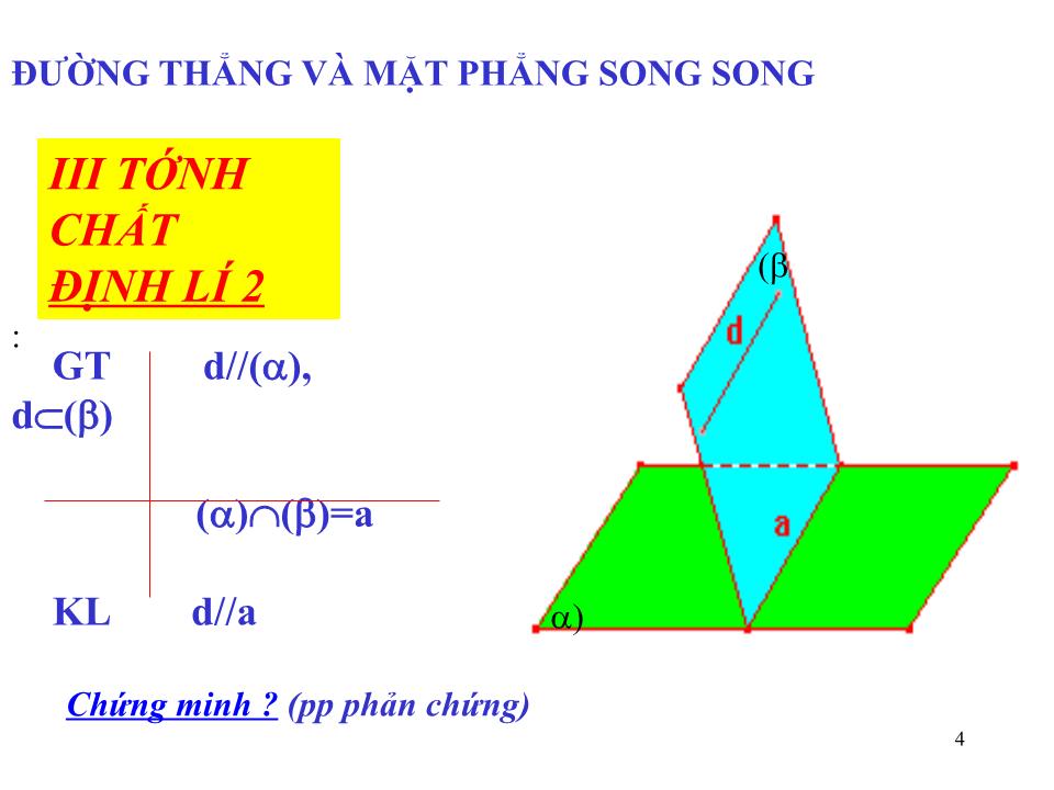 Bài giảng Hình học Lớp 11 - Chương 2: Quan hệ song song - Tiết 21: Đường thẳng và mặt phẳng song song trang 4