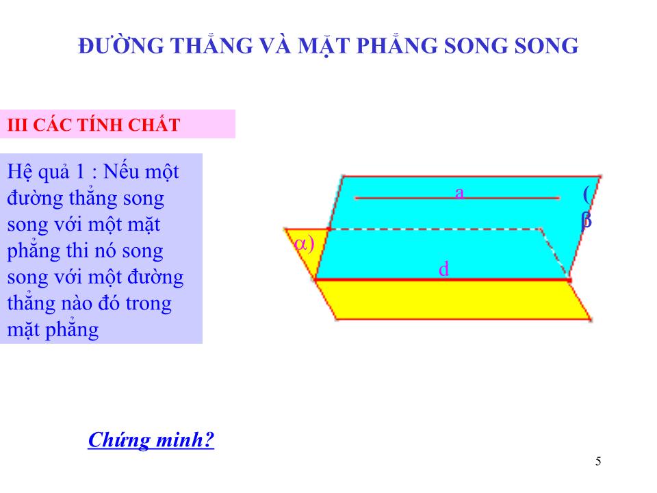 Bài giảng Hình học Lớp 11 - Chương 2: Quan hệ song song - Tiết 21: Đường thẳng và mặt phẳng song song trang 5