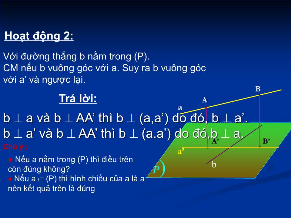 Bài giảng Hình học Lớp 11 - Tiết 34: Đường thẳng vuông góc với mặt phẳng (Tiếp theo) - Bùi Văn Long trang 9