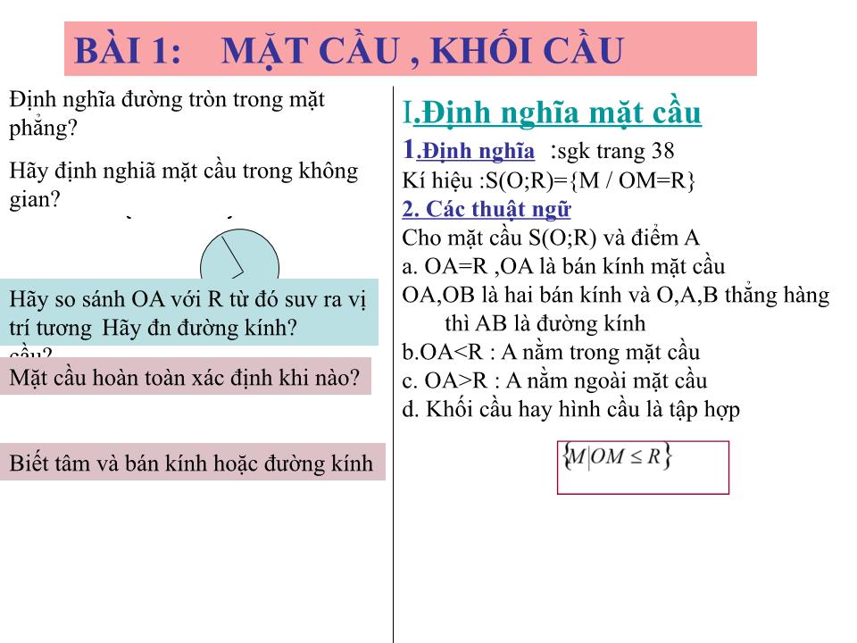 Bài giảng Hình học Lớp 12 - Chương 2: Mặt nón, mặt trụ, mặt cầu - Bài 1: Mặt cầu, khối cầu - Bùi Hồng Hạnh trang 3