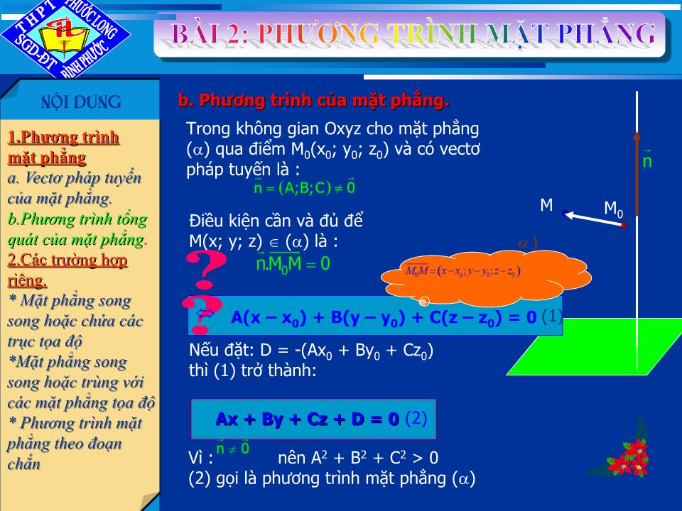 Bài giảng Hình học Lớp 12 - Chương 3 - Bài 2: Phương trình mặt phẳng trang 4