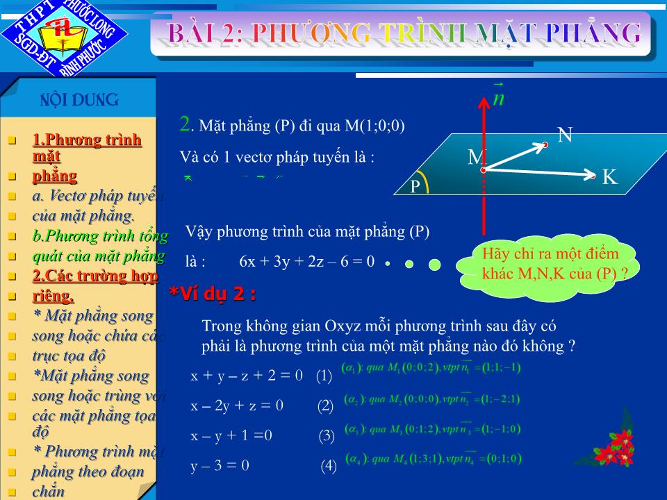 Bài giảng Hình học Lớp 12 - Chương 3 - Bài 2: Phương trình mặt phẳng trang 6