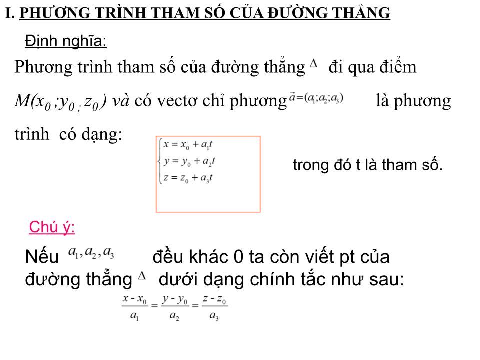 Bài giảng Hình học Lớp 12 - Chương 3 - Tiết 37, Bài 3: Phương trình đường thẳng trong không gian trang 6