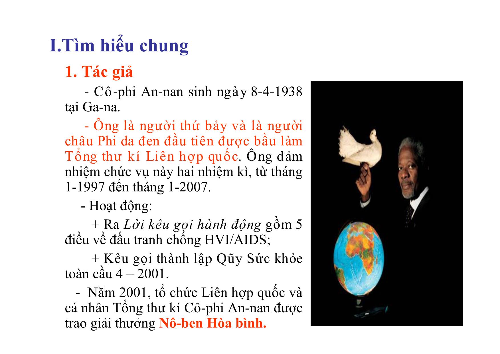 Bài giảng Ngữ văn Lớp 12 - Văn bản: Thông điệp nhân ngày thế giới phòng chống AIDS, 1- 12 - 2003 trang 2