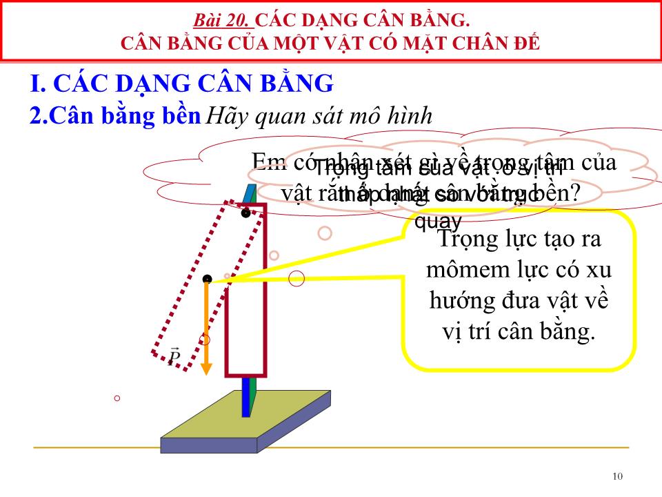 Bài giảng Vật lí Lớp 10 - Bài 20: Các dạng cân bằng. Cân bằng của một vật có mặt chân đế trang 10