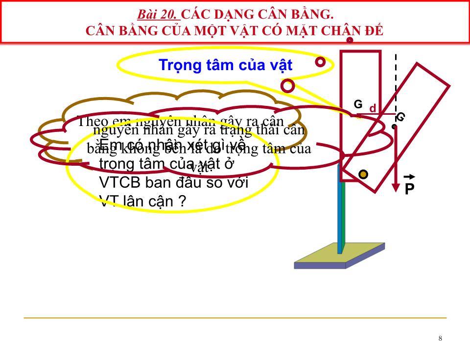 Bài giảng Vật lí Lớp 10 - Bài 20: Các dạng cân bằng. Cân bằng của một vật có mặt chân đế trang 8