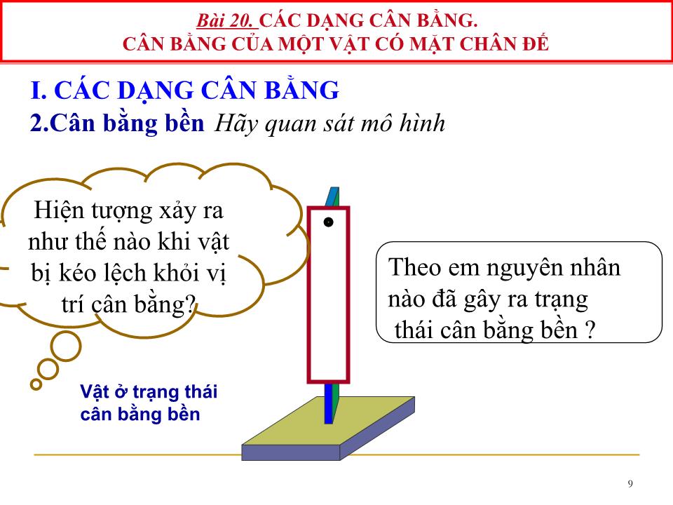 Bài giảng Vật lí Lớp 10 - Bài 20: Các dạng cân bằng. Cân bằng của một vật có mặt chân đế trang 9