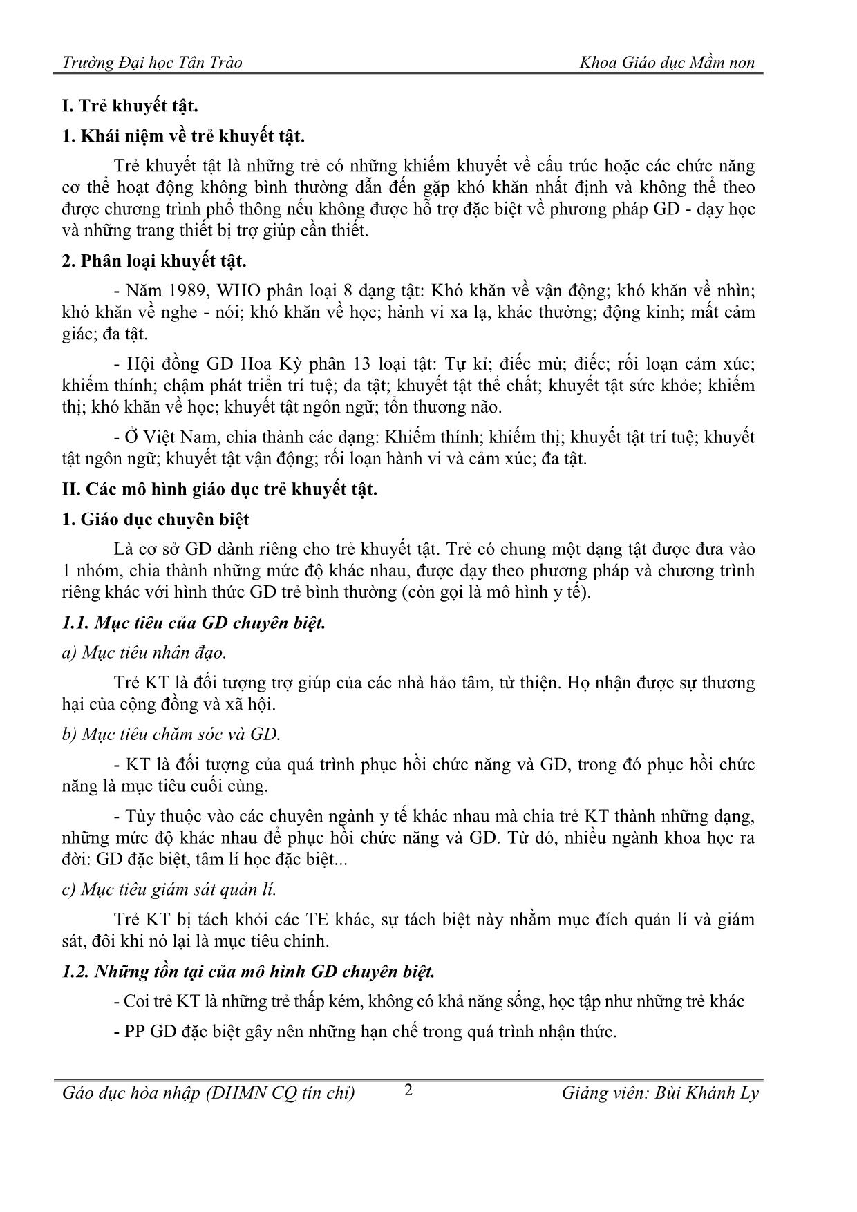 Giáo án Giáo dục hòa nhập - Chương 1: Những vấn đề cơ bản về trẻ khuyết tật và giáo dục hòa nhập trang 2