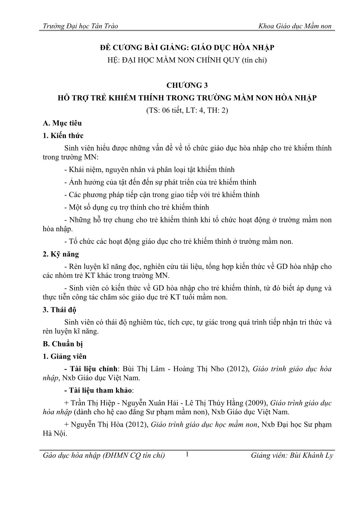 Giáo án Giáo dục hòa nhập - Chương 3: Hỗ trợ trẻ khiếm thính trong trường mầm non hòa nhập trang 1